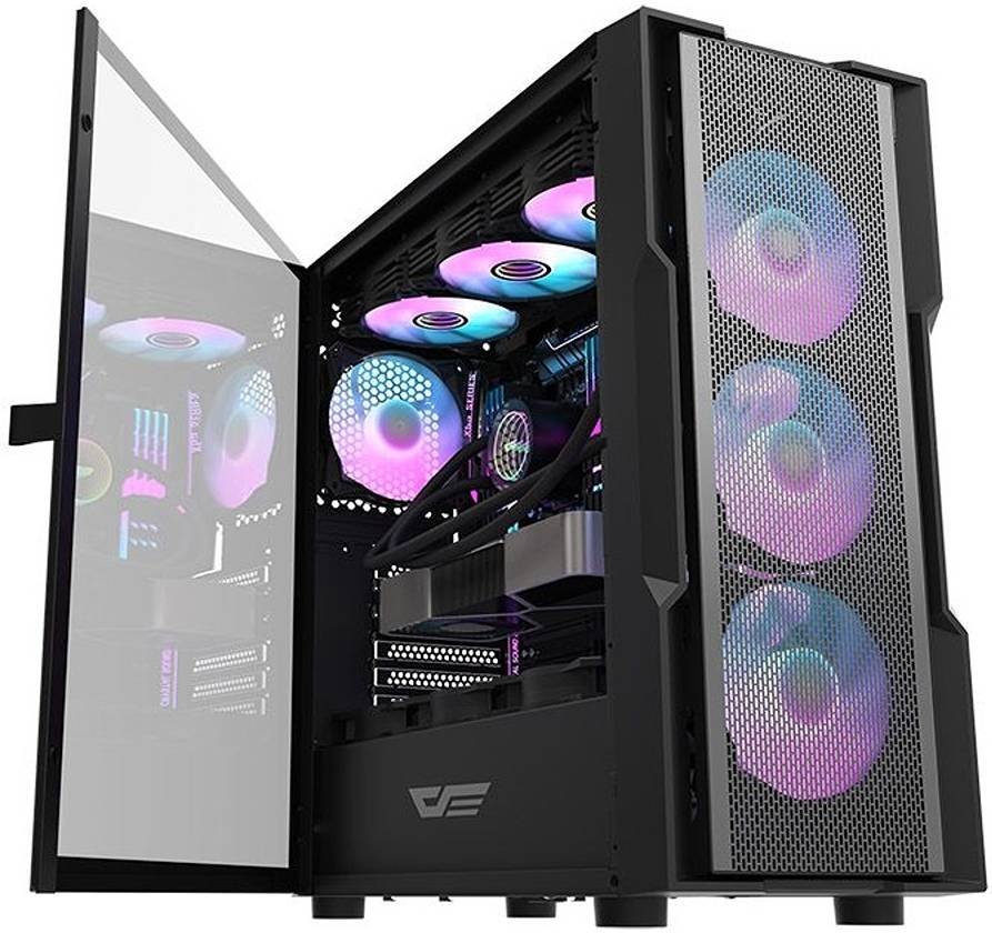 Darkflash DK431 black mid-tower ATX gaming case with mesh front panel, 4 pre-installed ARGB fans with RGB lighting, and tempered glass side panel