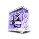 Complete gaming PC build inside NZXT H9 Flow White case with RGB fans, graphics card, and custom cooling