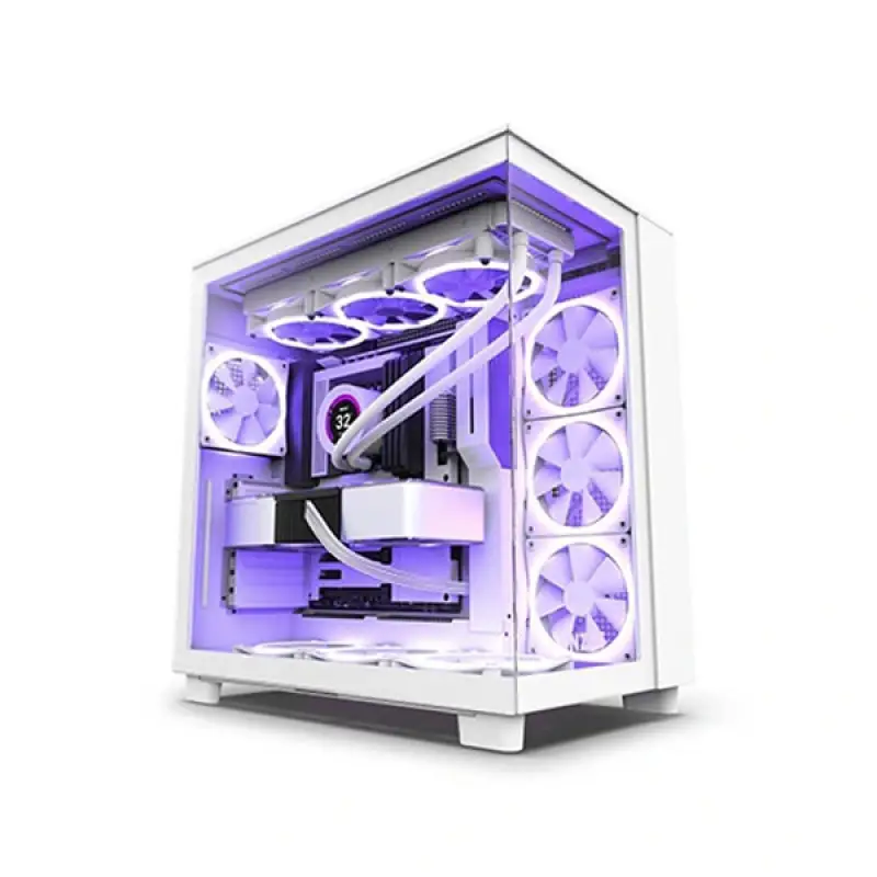 Gaming PC Build Showcase - NZXT H9 Flow White Dual Chamber Case Complete gaming PC build inside NZXT H9 Flow White case with RGB fans, graphics card, and custom cooling