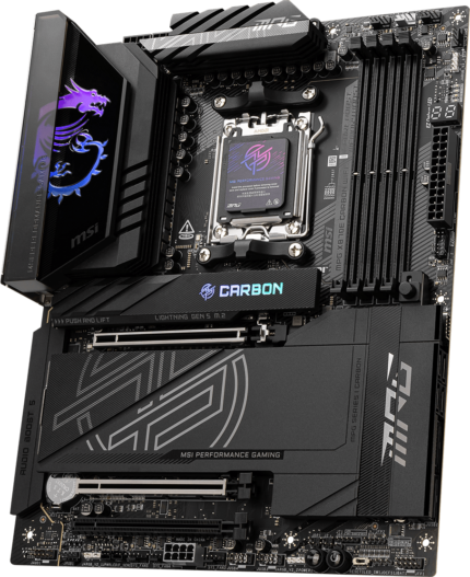 MSI MPG X870E Carbon motherboard top angle showing heatsinks