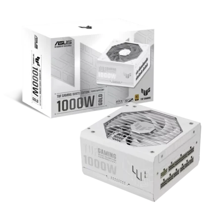 TUF Gaming 1000G White 1000W Gold gaming power supply with fully modular white cables and thermal fan control