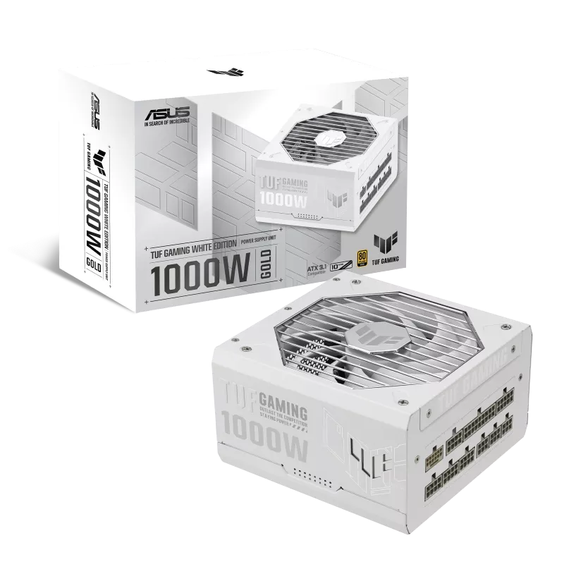 TUF Gaming 1000G White 1000W Gold gaming power supply with fully modular white cables and thermal fan control