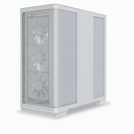 White gaming PC case with tempered glass and RGB fans